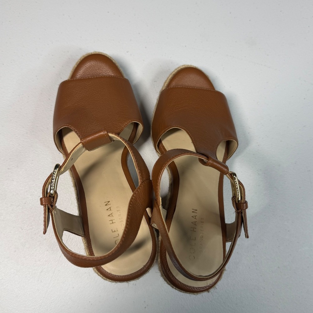 Cole Haan T-Strap Wedge Sandals 5.5W Brown Leather Espadrille - Picture 5 of 9